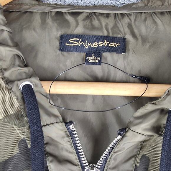 SHINESTAR WOMENS GREEN CAMO MESH FULL ZIP HOODIE SIZE LARGE SHEER HOODED JACKET - Picture 8 of 13